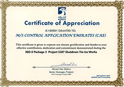 ADNOC Certificate of Appreciation for CAE in IGD-E Package 3 works