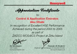 Honeywell HSE Appreciation Certificate for CAE in 2003-2005